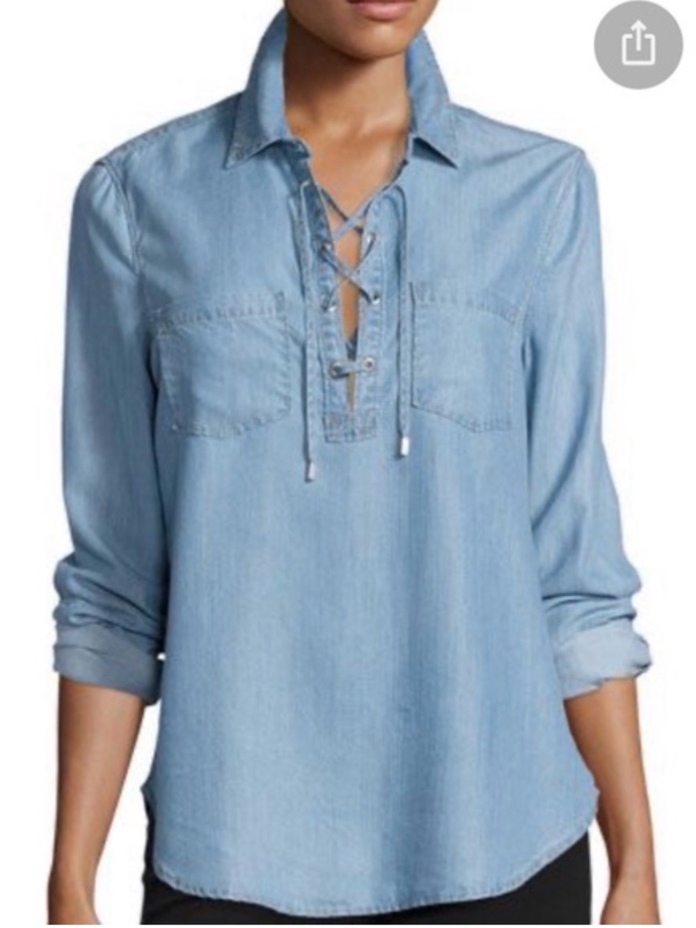 Paige Denim Wash Blue Tencel/Lyocel Lace-Up Women's Ling Sleeve  Casual Shirt